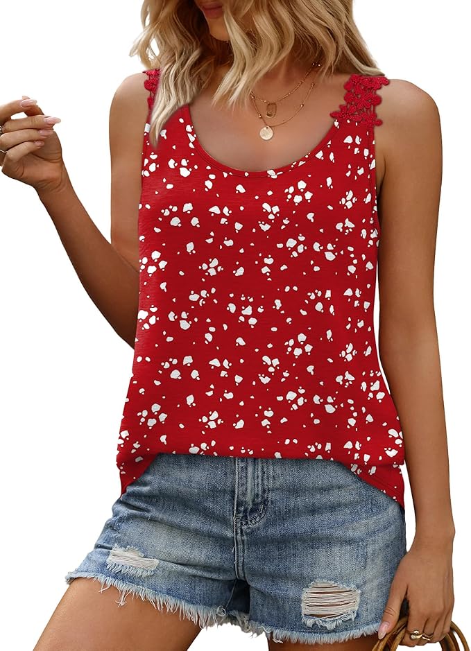 OFEEFAN Tank Top for Women Loose Fit Crew Neck Sleeveless Shirts Strap Lace Camisole Chiffon Summer Tops Curved Hem