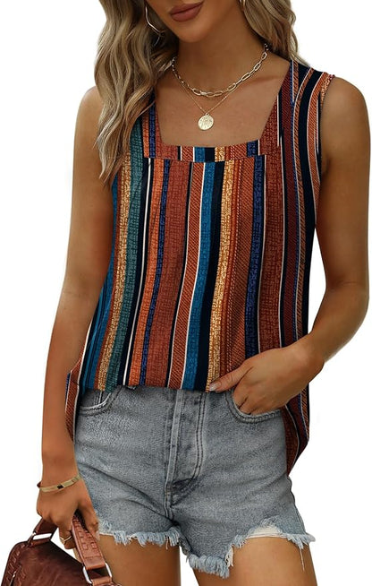 Saloogoe Summer Tank Tops for Women Loose Fit Pleated Square Neck Sleeveless Tops Curved Hem Flowy
