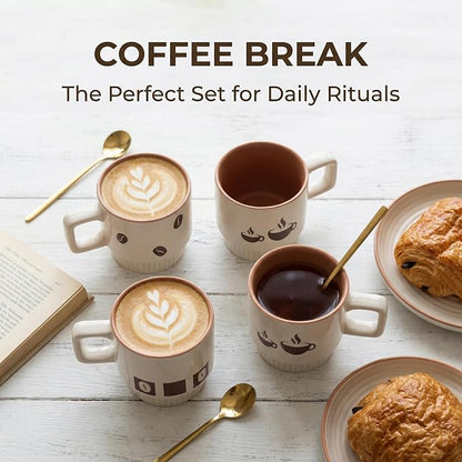 Stackable Coffee Mug Sets of 4 with Rack Tea Cup Set with Spoon 11oz for Coffee, Tea, Cocoa, Cappuccino, Hot Chocolate Ceramic Espresso Cups with Coffee Cup Holder, theme of Trendy