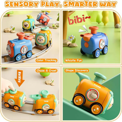 Keamaidy Baby Train Car Toys for Toddler 1-3, 4PCS Press to Go Push Car, Infant Play Whistle Vehicle Toy Set for 12-18 Months, 1st Birthday Christmas Easter Gifts for 1-2 Years Old Boys