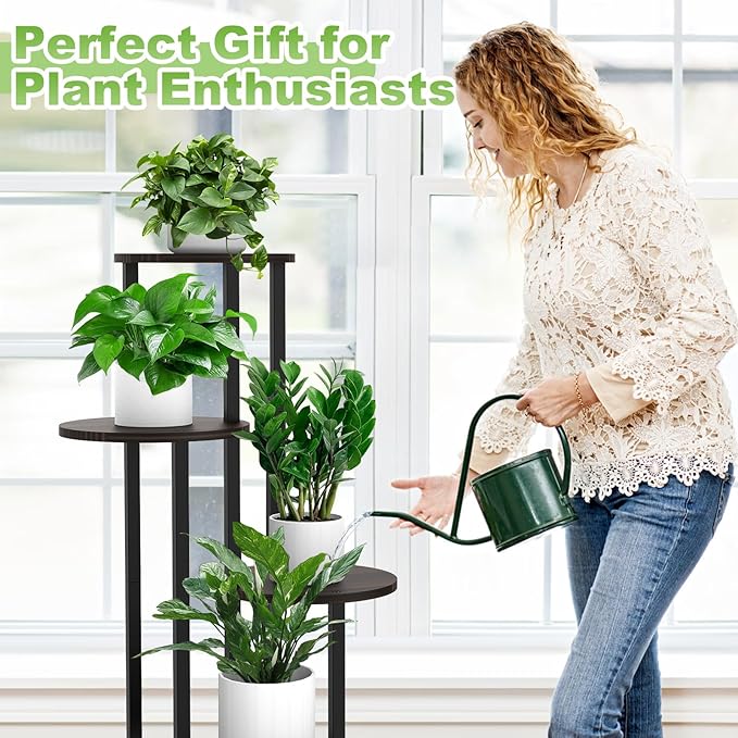 5 Tier Wood Tall Plant Stand Metal Rack Indoor, Multiple Flower Pot Holder Shelves Corner Rack, Round Planter Shelf Display Rack Storage Organizer for Patio Living Room Balcony(Black Oak)