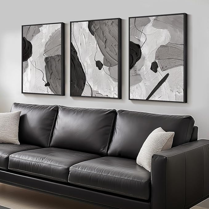 Large Framed Black and White Gray Abstract Wall Art, Set of 3 Piece Modern Canvas Prints Paintings Artwork for Walls, Minimalist Pictures for Living Room Bedroom Dining Room Hallway Wall Decor 20x30 In