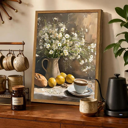 Framed Vintage Kitchen Wall Art, Rustic Floral Lemon Pictures Wall Decor, Cottagecore Coffee Bread Still Life Paintings Canvas Prints Farmhouse Home Decor for Dining Room Living Room 12x16 inch