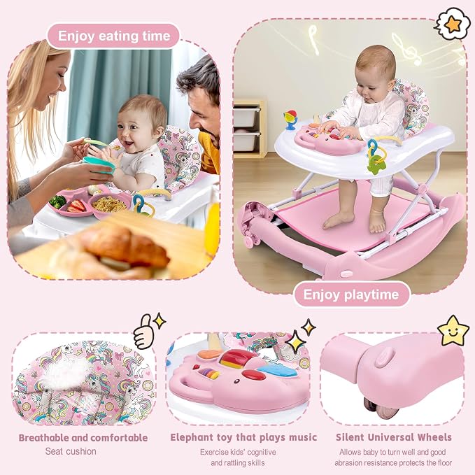5 in 1 Foldable Baby Walker, Activity Baby Walker-Baby Bouncer, Rocker, Activity Center,Seat and Push Walker,Detachable Trampoline Mat, Adjustable Speed Rear Wheels and Height,Ages 6-18 Months(Pink)