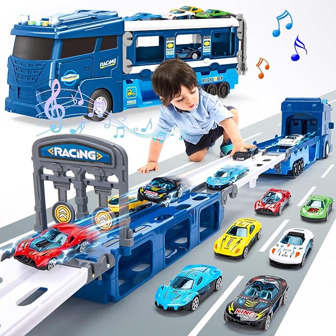 hahaland Toys for 3 Year Old Boy Gift - 2 in 1 Car Carrier Transforms into Race Tracks Toys with Dual Launcher Truck for Kids Ages 3-5 - Car Sets for Boys 3 Year Old Boy Gifts