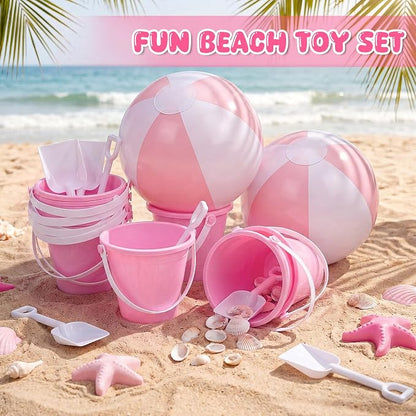 Lunmon 72 Pcs Beach Toys for Kids 24 Set Sand Buckets Shovels Bulk Pastel Beach Balls Inflatable Sand Toys for Girls Boys Toddlers Games Birthday Summer Pool Party Favor (Pink White, Vivid)