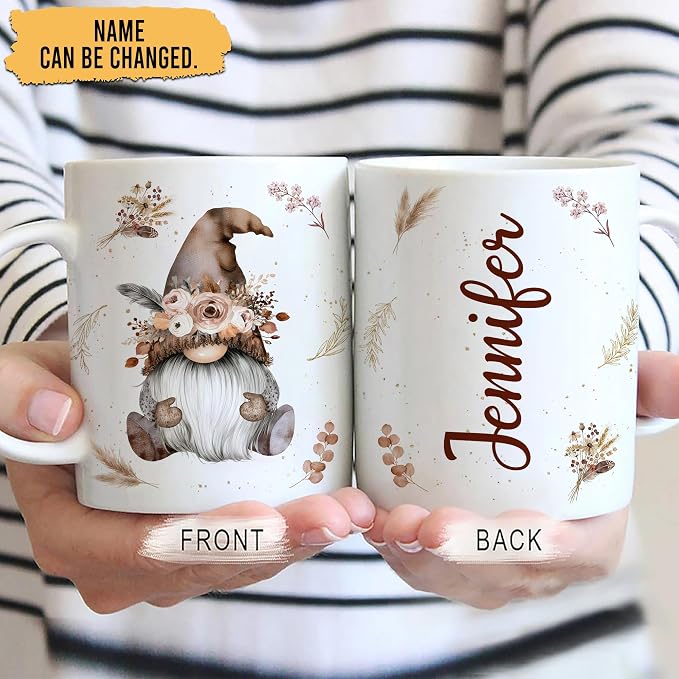 Hyturtle Personalized Gnome Mug Gifts For Women on Birthday Christmas | Gnome Themed Gift Ideas Presents For Girls Friends - Boho Flowers Custom Name 11oz White Ceramic Coffee Tea Mug