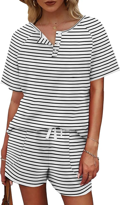 WIHOLL Two Piece Outfits for Women Lounge Sets Button Down Top and Shorts Set Sweatsuits with Pockets