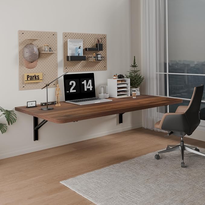IAE 36x22in Floating Fold Desk,Wall-Mounted Folding Computer Table,Walnut | Study Table with Shelf Brackets,Foldable Down Shelf with Engineered Wood,Fold Computer Desk for Small Apartment,Holds 503 lb