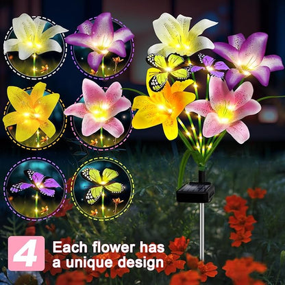 Solar Garden Lights Outdoor, 4 Pack Flower Lights for Outside, 16 Solar Lilies with Butterflies, Waterproof Garden Decor for Yard, Patio, Gifts for Women Mom (4 pcs Lilies)
