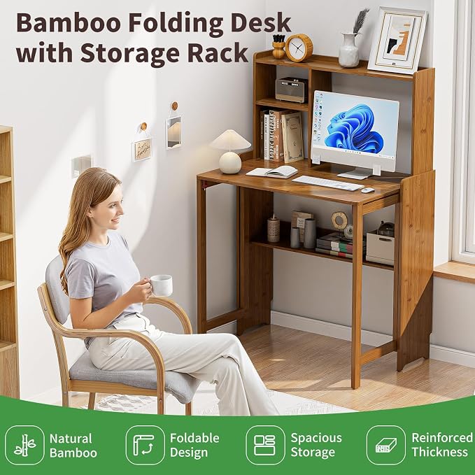 Folding Desk for Small Spaces, Bamboo Foldable Desk with Bookshelf, Brown | Small Computer Desk with Storage, Mid Century, Fold Out，Compact Size, for Bedroom, Living Room, Apartment, Home Office