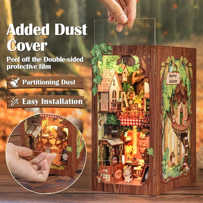 Cutefun Book Nook Kit, DIY Miniature Booknook Kit for Adults, 3D Wooden Puzzle Bookend Bookshelf Decor with LED Light & Dust Cover Creative Crafts Gifts for Book Lovers (Squirrel Collector)