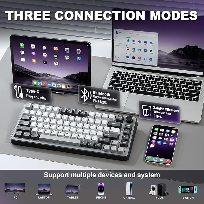 YUNZII B75 PRO 75% Wireless Mechanical Keyboard (Dark Grey,Cocoa V2) | Hot Swap Keyboard with Knob, Gasket Mount, Creamy Pre-lubed Switch for Smooth Typing, BT/USB-C/2.4G, for Gaming