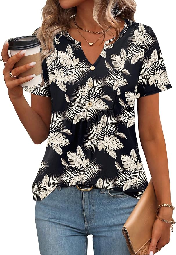 Zeagoo Womens Short Sleeve Tops Summer Henley V-Neck Tshirts Casual Pleated Blouse Dressy Loose Floral Basic Tee