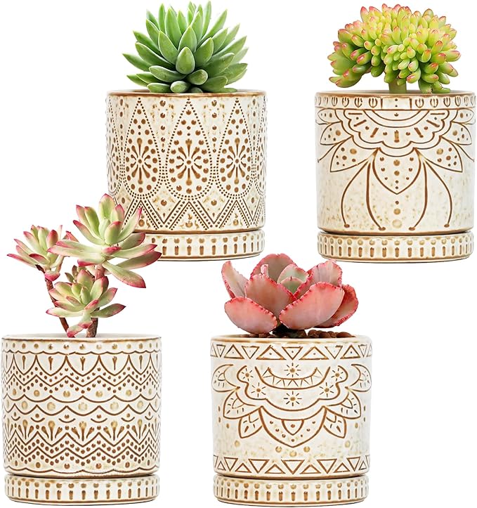 Gepege 4 Inch Small Indoor Succulent Ceramic Planter Pot with Drainage Holes and Saucers for Plants, Birthday for Women Mom