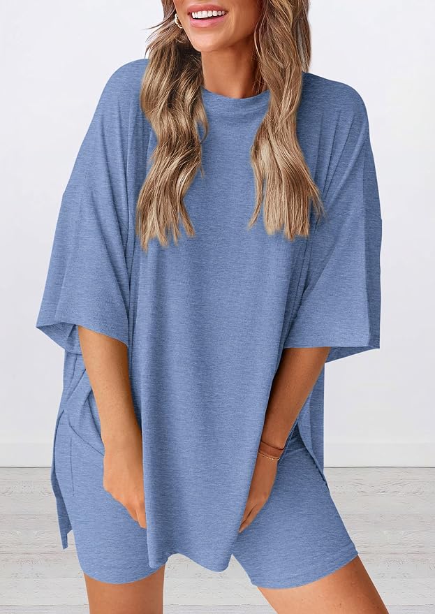 PRETTYGARDEN Women 2 Piece Lounge Set 2026 Summer Casual Oversized Shirts Biker Shorts Matching Airport Travel Outfit Clothes