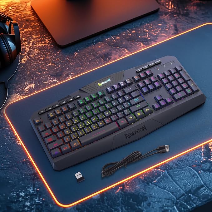 Redragon K503 Wireless Gaming Keyboard, 3-Mode (2.4G/BT/USB), RGB LED Backlit, Multimedia Keys, Fully Programmable Silent Membrane Keyboard with Wrist Rest for Windows PC Games (Black)