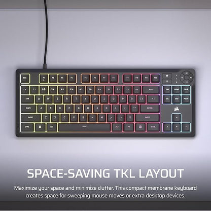 Corsair K55 CORE TKL RGB Gaming Keyboard – Tenkeyless, 8-Zone RGB, Quiet Membrane Keys, Spill Resistant, Media Keys, 1000Hz Polling – NA Layout – Black