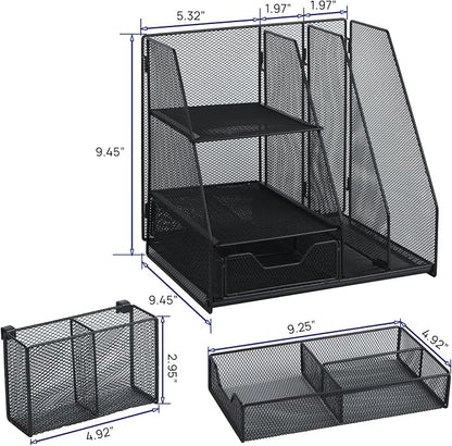 Topwey Desk Organizer, File Organizer for Desk with 2-Tier Paper Letter Tray, Drawer and 2 Pen Holder, Mesh Desktop Organization with Magazine Holder for Office Supplies
