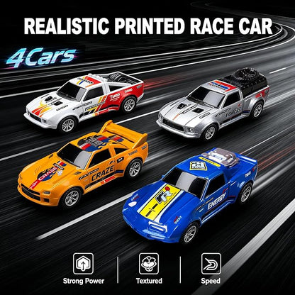 Slot Car Race Track Sets with 4 High-Speed Racing Slot Cars Electric Dual Racing Game with 2 Controllers Circular Overpass Track Featuring Flash Bridge Pendulum Gifts Toys for Boys Kids Age 6 7 8-12