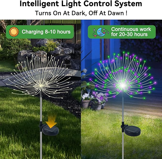 Solar Garden Lights Outdoor Waterproof, 2 Pack 120 LED Solar Firework Lights Decorative Garden Décor Outside for Flowerbed Pathway Party Halloween Christmas Decorations, Green + Purple