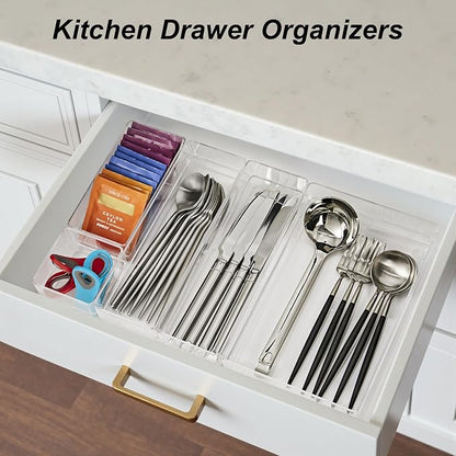 SMARTAKE 25 PCS Drawer Organizer, 4-Size Desk Drawer Organizer Trays | Storage Tray with Non-Slip Silicone Pads for Makeup, Jewelries, Utensils in Bedroom Dresser, Office and Kitchen (Clear)