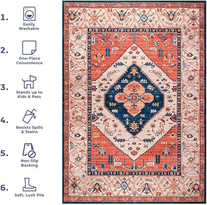 nuLOOM Carolyn Machine Washable Tribal Motif Ultra Thin Area Rug, 8' x 10', Rust