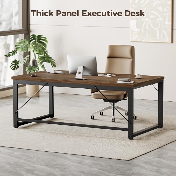 Mericonia 63x28 Inch Computer Desk, 1" Thick Large Office Table, Walnut | Modern Simple Style, Heavy Duty Industrial Frame, Large Study & Writing Table for Home Bedroom Work