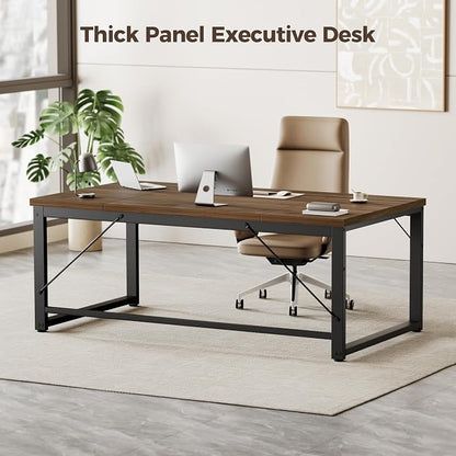 Mericonia 63x28 Inch Computer Desk, 1" Thick Large Office Table, Walnut | Modern Simple Style, Heavy Duty Industrial Frame, Large Study & Writing Table for Home Bedroom Work