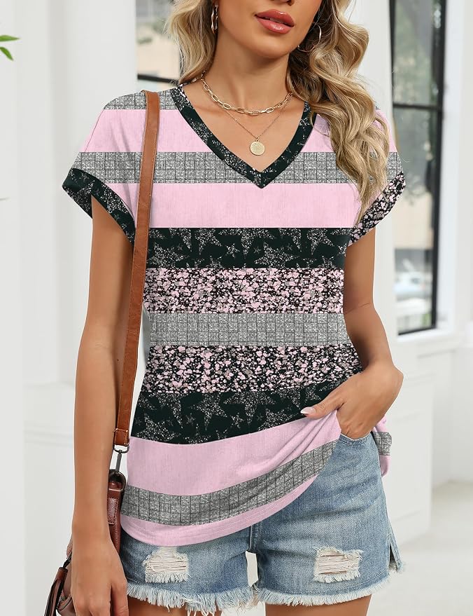 Rapbin Womens Summer Tops Women Blouses Dressy Casual V Neck T Shirts Short Sleeve Spring Tops for Women