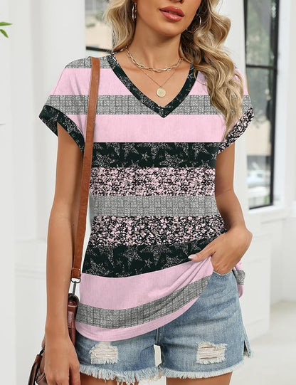 Rapbin Womens Summer Tops Women Blouses Dressy Casual V Neck T Shirts Short Sleeve Spring Tops for Women