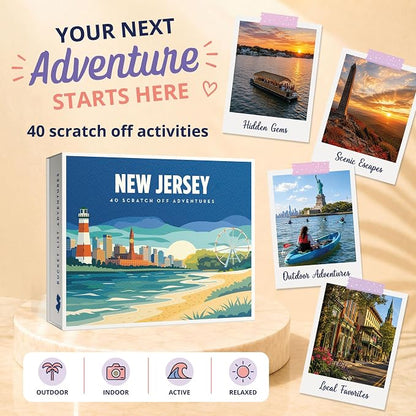 New Jersey Bucket List Scratch Off Cards - 40 Adventure Cards with Region Split Map, Hidden Gems, Scenic Escapes & Local Favorites - Travel Gift for Couples, Families, Friends & Tourists