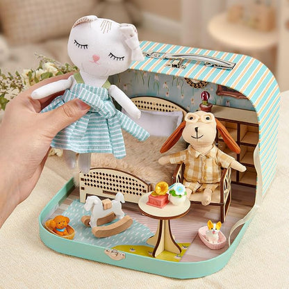 TUZT Portable Dollhouse Suitcase for Ages 3-8, Foldable Bedroom Playset with 21 Wooden Furniture, Cute Animal Dolls & Accessories, Travel-Friendly Pretend Play Toy
