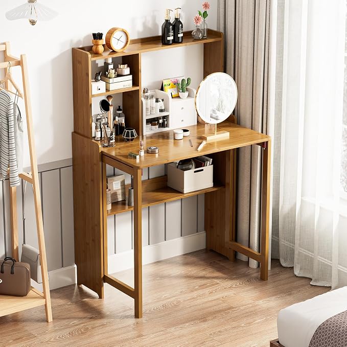 Folding Desk with Bookshelf, Compact Foldable Desk for Small Spaces,Brown | Bamboo Computer Desk with Storage Shelf, Space-Saving Home Office Desk with Hutch for Bedroom, Dorm, Apartment
