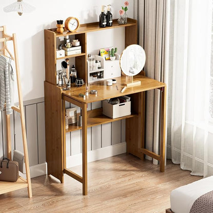 Folding Desk with Bookshelf, Compact Foldable Desk for Small Spaces,Brown | Bamboo Computer Desk with Storage Shelf, Space-Saving Home Office Desk with Hutch for Bedroom, Dorm, Apartment