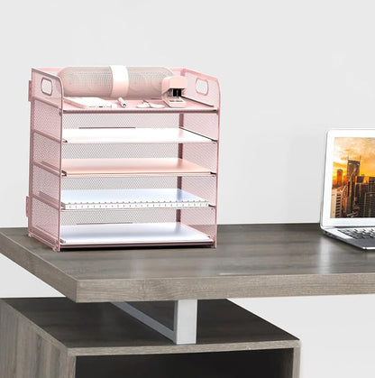 Sinboun Letter Tray Paper Organizer 5-Tier Desk Organizer File Organizer Paper Holder with Handle, Metal Desktop Document Shelf Tray Office Classroom Organization - Pink, PK5CENGTISHOU