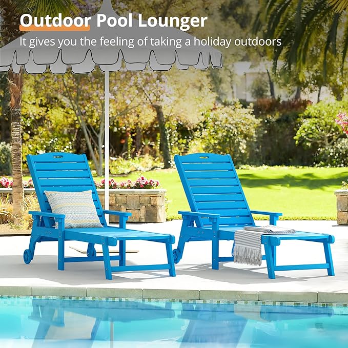LUE BONA Outdoor Chaise Lounge Chairs Set of 2, 79'' Oversized HDPS Chaise Lounger, 5 Positions Adjustable Lounge Chairs, Pool Lounge Chair with Wheels for Poolside,3 Year Warranty, Blue