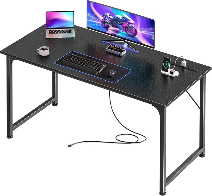 PRAISUN 47 X 20 Inch Computer Desk, Power Outlets, USB-C, Black | Office Desk with 4 AC Outlets, USB & USB-C, Sturdy Metal Frame, Spacious Desktop for Work, Writing, Study & Gaming