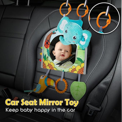 Lynncare Car Seat Toy, Baby Car Mirror for Rear Facing, Travel Baby Activity Center with Hanging Engaging Toys for Infants Babies 0-6-12-18 Months Boy Girl