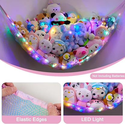 Unicorn Castle Stuffed Animals Net or Hammock Kids Toy Storage Organizer with LED Light Hanging Corner Stuffed Animals Holder Kids Girls Room Decor,Rainbow-A,Large (Pack of 1)