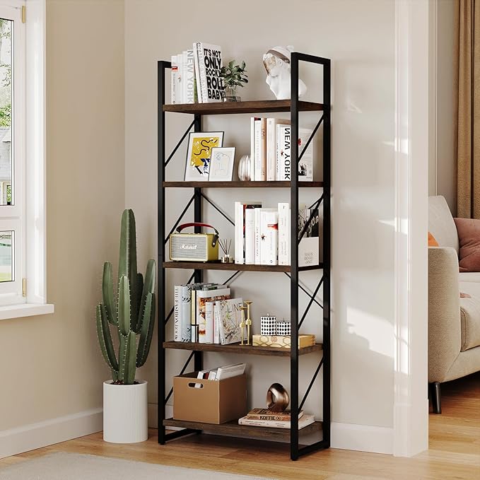 YITAHOME 5-Tier Bookshelf, Freestanding Book Shelf, Industrial Minimalist Open Display Storage Book Shelves Standing Shelving Unit for Living Room Bedroom Home Office, Rustic Brown