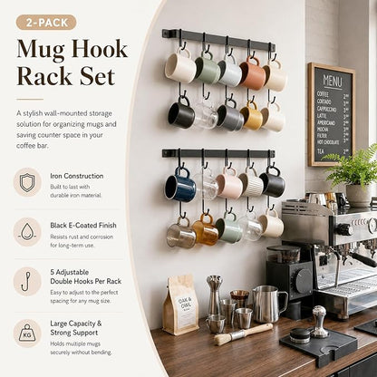 17" Coffee Mug Hook Rack Wall Mounted Set of 2 | Black Metal Tea Cup Holder Hanger Organizer 10 Hooks, Kitchen Rail Utensil Rack for Dining Room Coffee Bar