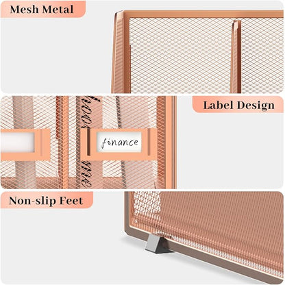 SUPEASY Desk Organizers Metal Desk Magazine File Holder with 5 Vertical Compartments Rack File Organizer for Office Desktop, Home Workspace, Rose Gold