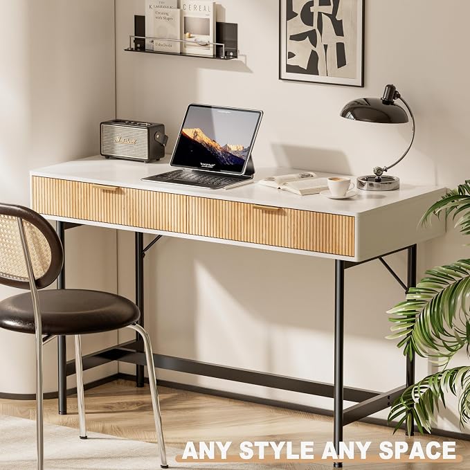 INNOD 45 Inch White Desk with Drawers, Small Writing Desks for Bedroom, Fluted Cute Desk with Storage for Vanity, Wood Computer Table for Living Room Small Spaces Home Office Study