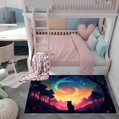 Moon Black Cat Rug - Mystical Stary Night Cat Rug for Kids Bedroom Colorful Black Cat Rug Decor Room Cat Door Mats Outdoor Entrance, 4.5x6 Feet