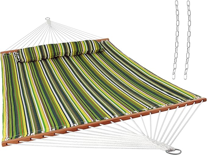 Sunnydaze Quilted Outdoor Hammock with Spreader Bars - Heavy-Duty 450-Pound Capacity Double Hammock for Outside - Melon Stripe