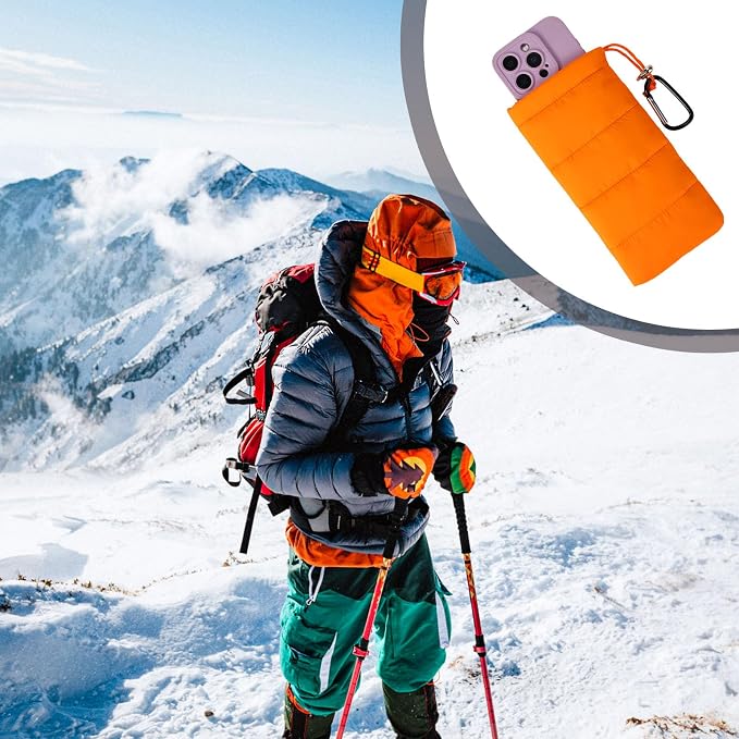 Lyreh Thermal Phone Case with Carabiner, Universal Cellphone Pouch to Prevent Freezing and Overheating, Insulated Warm Phone Cover Bags Extend Battery Life for Outdoor Sports Lovers Gifts (Orange)