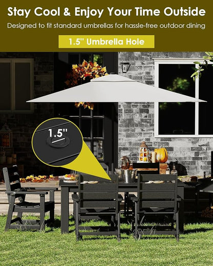 GREENVINES Outdoor Dining Table | 67’’ | HDPE | Rectangle Tables for 6 | All-Weather | Umbrella Hole | Patio Furniture | for Poolside Backyard Garden | Black