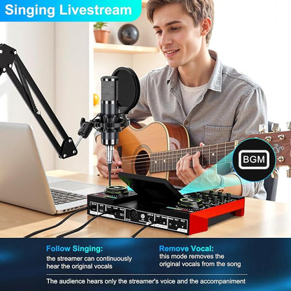 Podcast Microphone Bundle with Live Sound Board Audio Mixer, Podcast Equipment Bundle with 3.5mm Boom Mic(P15) for Pc/Phone Live Streaming Singing Gaming, Voice Changer, Denoise