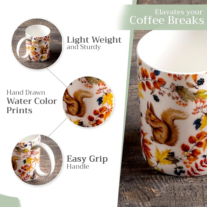 Maison d' Hermine Coffee Mug with Handles Tea Cups (12 Ounce, Pack of 2) | Fine Bone China Coffee Mugs for Hot Beverages Cappuccino Latte Home Restaurant Hotel Spring Summer -Sous-Bois